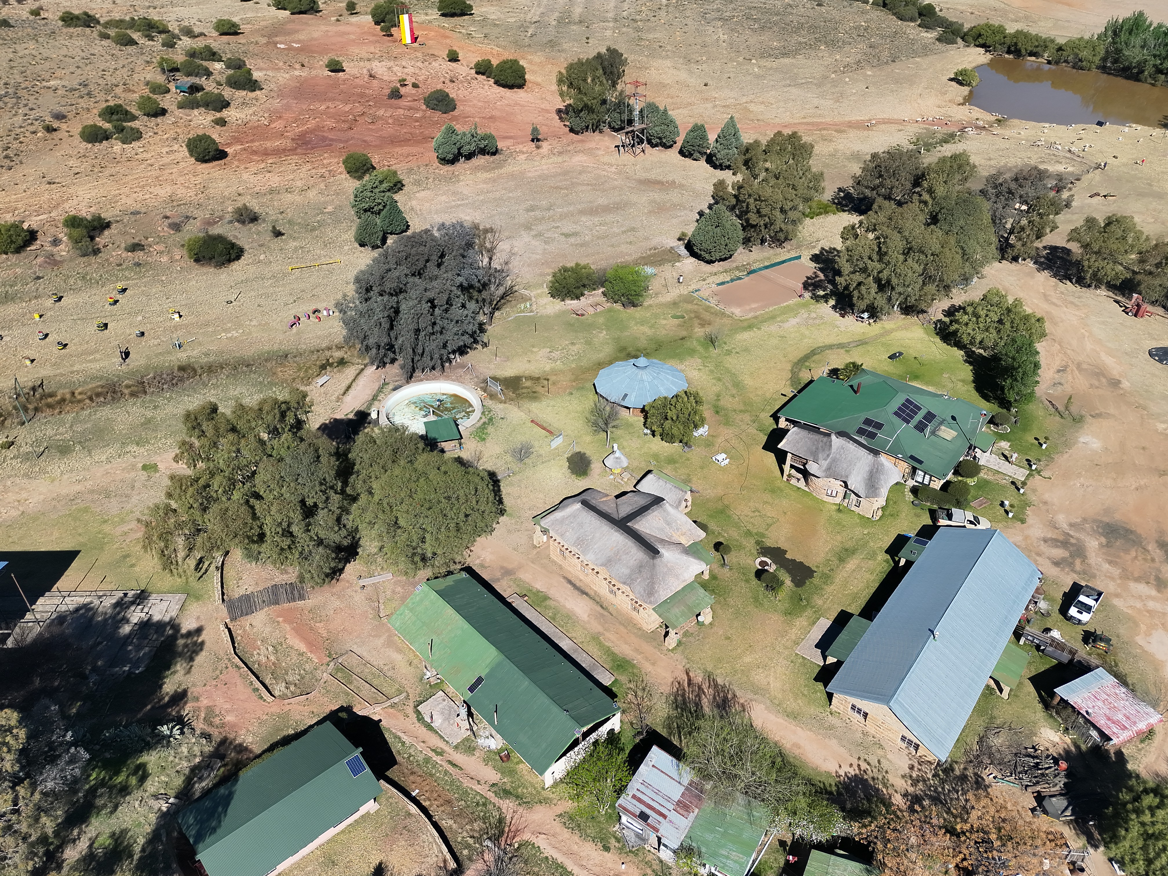 Aerial view of the lodge and beautiful natural surroundings near Hobhouse